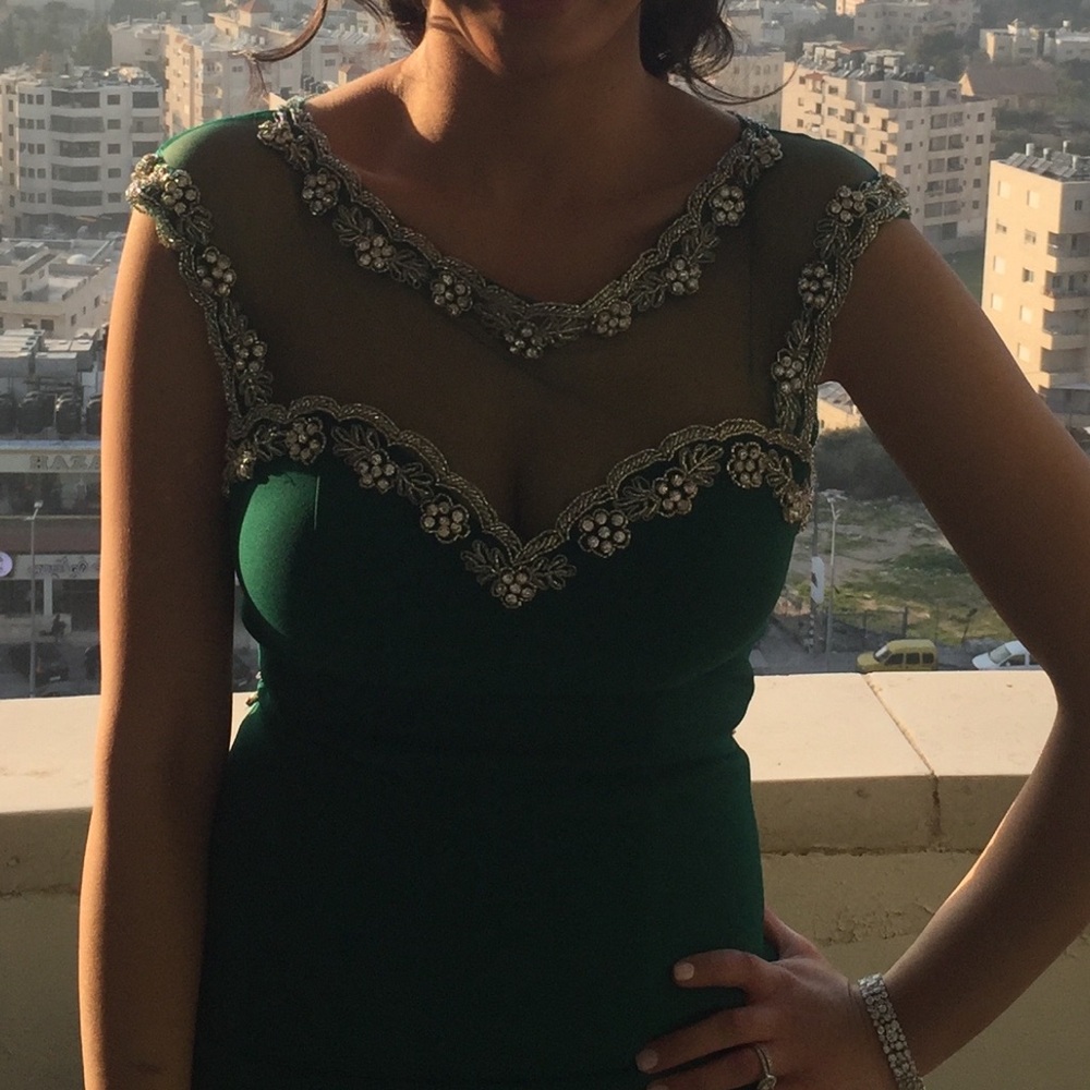 Green Gown with Embellished Neckline and fully embellished back PROM READY